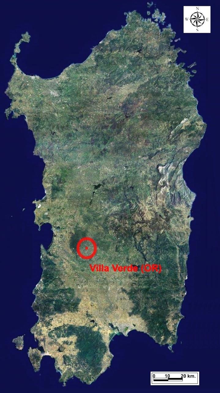 Fig. 1 - Sardegna centro-occidentale. Localizzazione del sito di Brunku ʼe s Omu - Villa Verde, Oristano.
