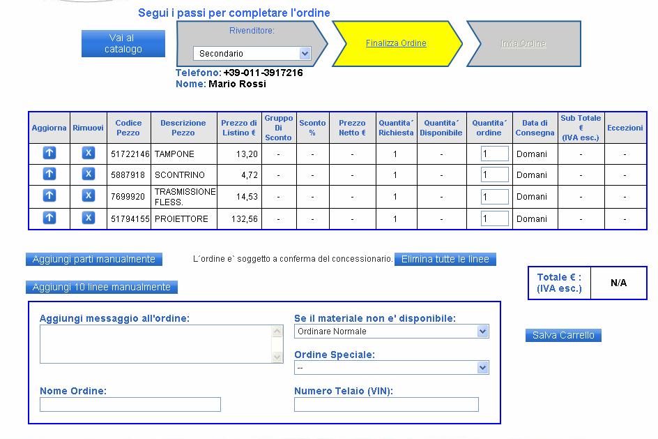 Conferma Ordine CASO 2 : Invio ordine al Concessionario Secondario Gli ordini che presentano almeno una linea in stato Inevaso possono essere recuperati ed inviati al concessionario Secondario, in