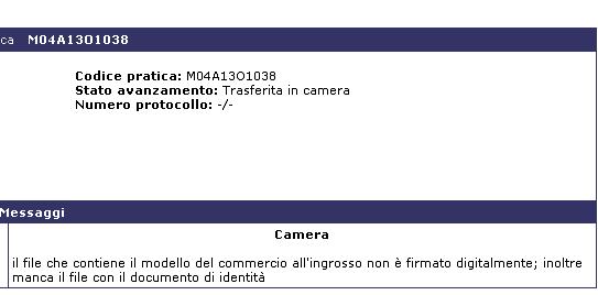 Fig. 7 Nella seconda parte della finestra (Fig. 7) è possibile leggere il messaggio che spiega il motivo della sospensione della pratica.