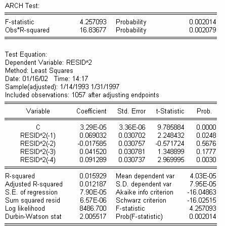 I quadrati dei residui così ricavati sono regrediti su una costante e su p dei loro valori passati (regressione ausiliaria ) Possiamo basarci sull informazione fornita dal probability value