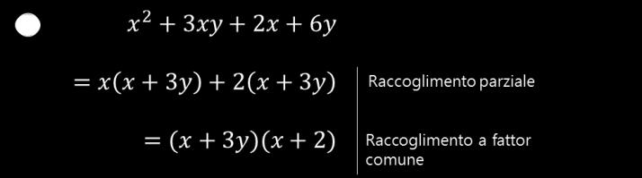 Scomposizione mediante i Prodotti notevoli Differenza di due quadrati e a 2 b 2 = (a + b)(a b) e 16 9 = (4 + 3)(4 3) Quadrato di un binomio e a 2 + 2ab + b 2 = (a + b) 2 e 16 + 24 + 9 = (4 + 3) 2