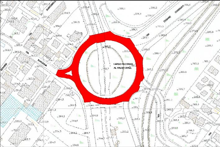 SCHEDA N 7 RONDO DELLE VALLI ANALISI URBANA DELLO SPAZIO PUBBLICO estratto fotogrammetrico scala 1 : 2000 LOCALIZZAZIONE E CONTESTO DI RIFERIMENTO : La rotonda è collocata nella zona nord-orientale