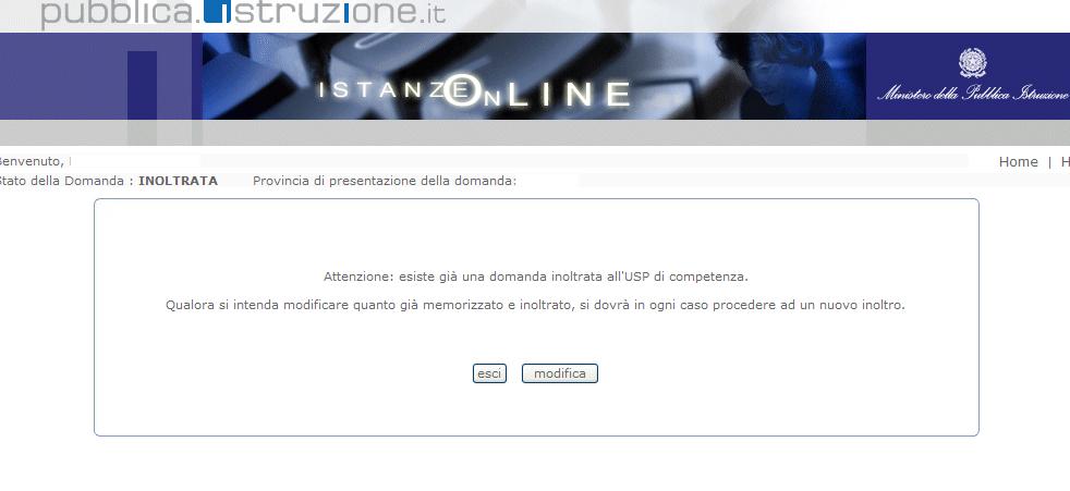 Nel caso in cui l utente abbia già INOLTRATO la domanda, il sistema prospetterà una pagina che avverte che se si continua con l operazione lo stato della domanda sarà riportato a INSERITA, NON