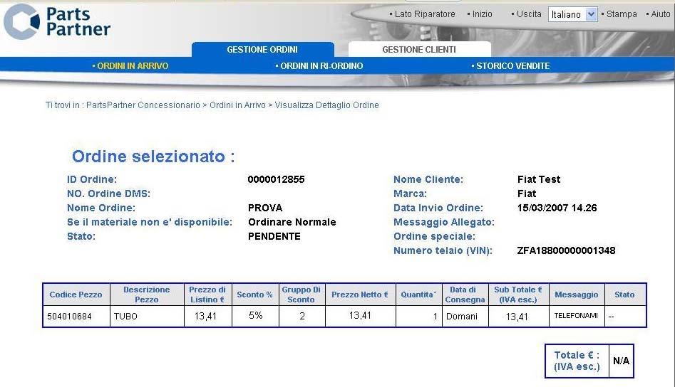 Numero Ordine DMS C: Data e ora di invio dell ordine D: Indicazioni del riparatore per materiale dell ordine