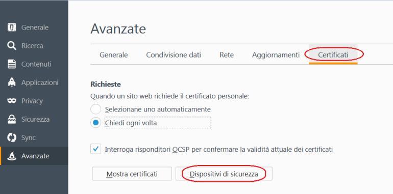 FIGURA 7 -FIREFOX PASSO 8 selezionare il dispositivo relativo lettore di smart card installato.