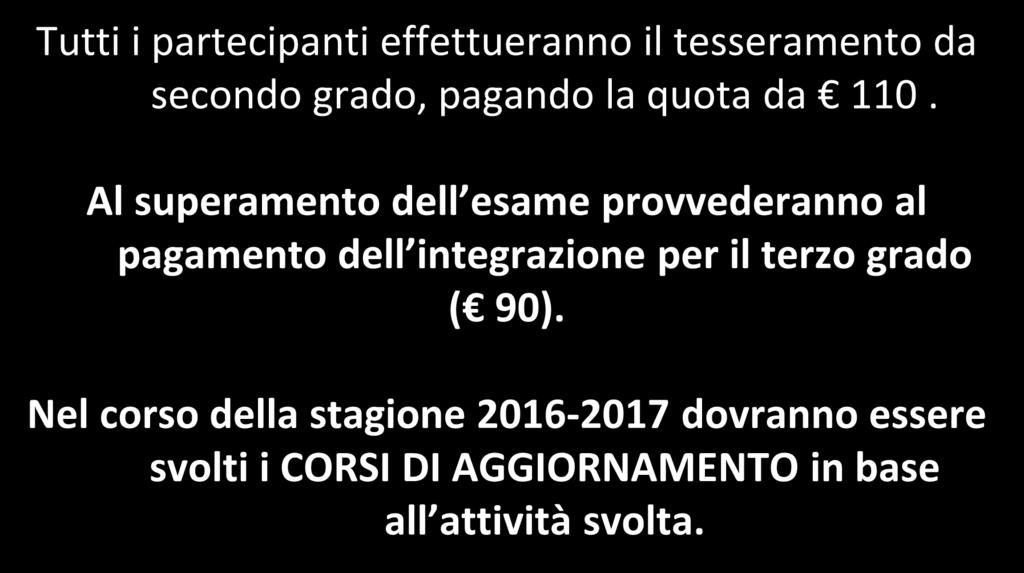 TESSERAMENTO 2016-2017 Tutti i partecipanti effettueranno il tesseramento da secondo grado, pagando la quota da 110.