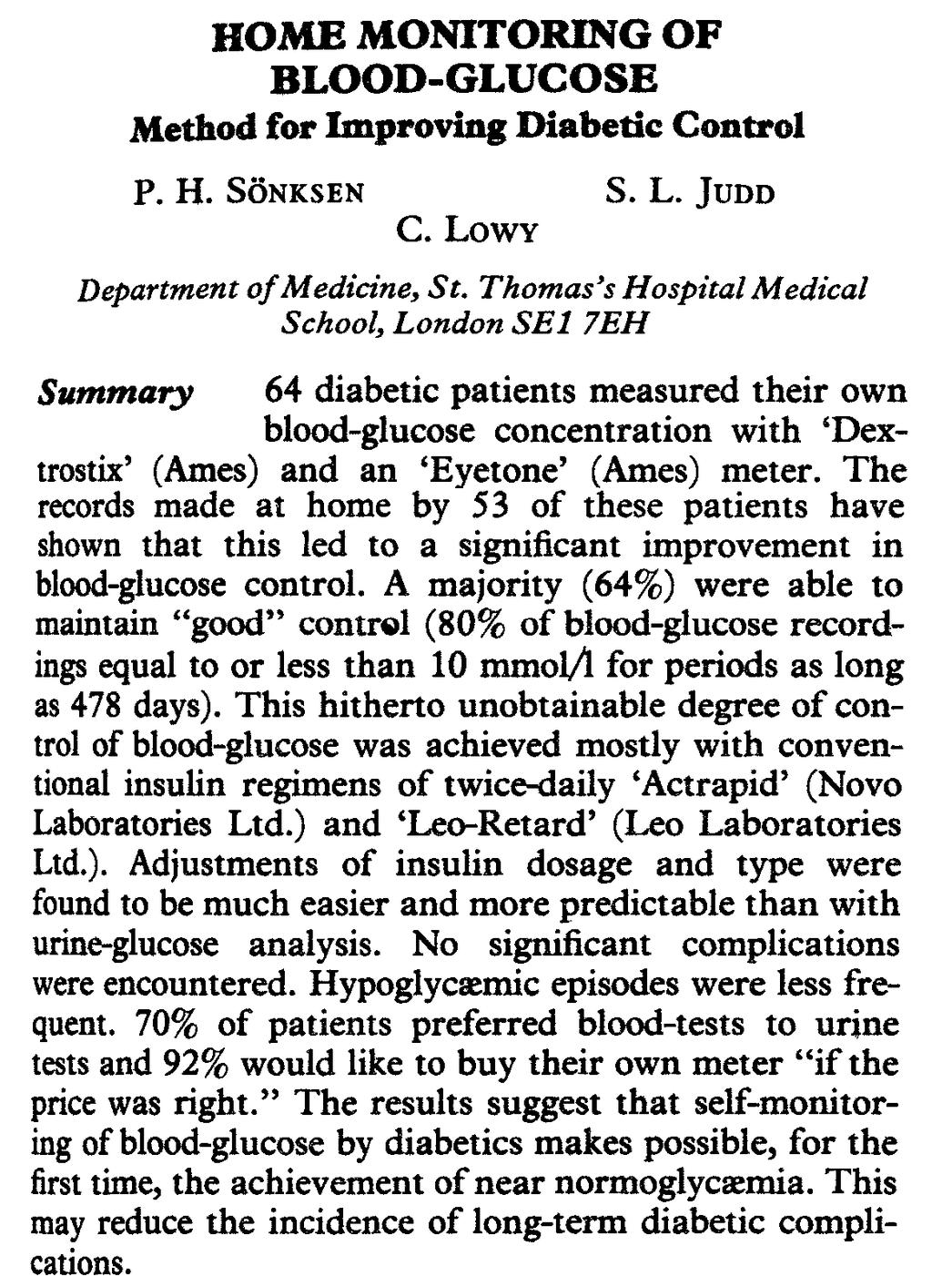 The Lancet 08/04/1978 Rappresenta la prima notizia pubblicata su una importante rivista medica che prenda in considerazione l automonitoraggio