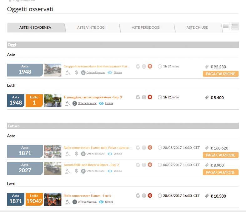 3.2 OGGETTI OSSERVATI: Aste in scadenza La pagina Aste in scadenza è suddivisa in due sezioni: OGGI: include le aste e i lotti che si chiudono il giorno stesso ordinati per orario/ data di scadenza.