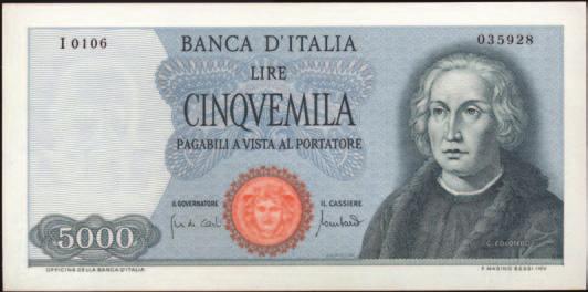 5121 5.000 Lire - Colombo 1 tipo 20/01/1970 - Alfa 799; Lireuro 66C - Carli/Lombardo, carta verdina FDS 220 5127 10.