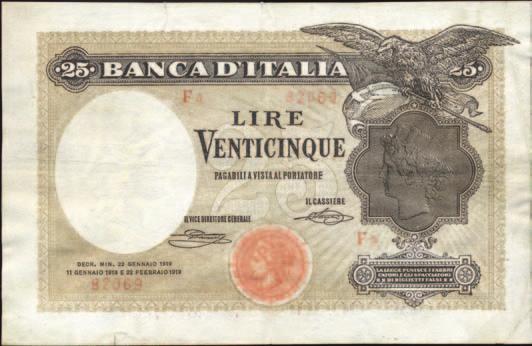 5054 BANCA d ITALIA - Vittorio Emanuele III (1900-1943) 25 Lire 22/ 02/1919 - Aquila Latina -