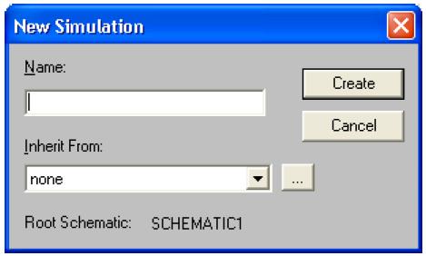 Esecuzione di una simulazione: Aprire il menù PSpice Scegliere New Simulation Profile, oppure l icona