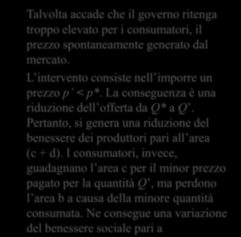 Prezzo regolamentato. Talvolta accade che il governo ritenga troppo elevato per i consumatori, il prezzo spontaneamente generato dal mercato. L intervento consiste nell imporre un prezzo p < p*.