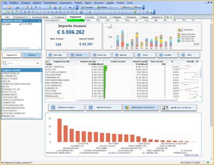 Scadenze e pagamenti Fornisce un analisi completa di scadenze, scadenze aperte, incassi/pagamenti, Rischio clienti, Insoluti, Fabbisogno Finanziario (per quest ultima analisi è richiesto il modulo