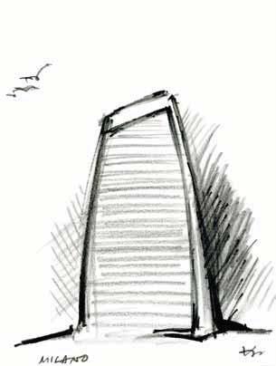 A SINISTRA. Daniel Libeskind firma la pergamena contenente i nomi di tutti coloro che hanno collaborato allo sviluppo del progetto. SOTTO. Un disegno preparatorio della Torre. NELLA PAGINA ACCANTO.