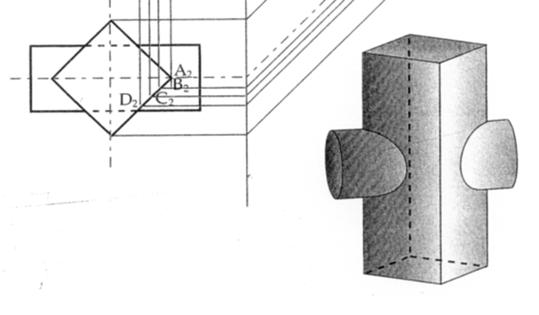 Compenetrazione tra solidi prismatici e di rivoluzione Compenetrazione tra un prisma verticale ed un cilindro orizzontale, ad assi ortogonali La linea di intersezione è una curva, ottenuta per punti.