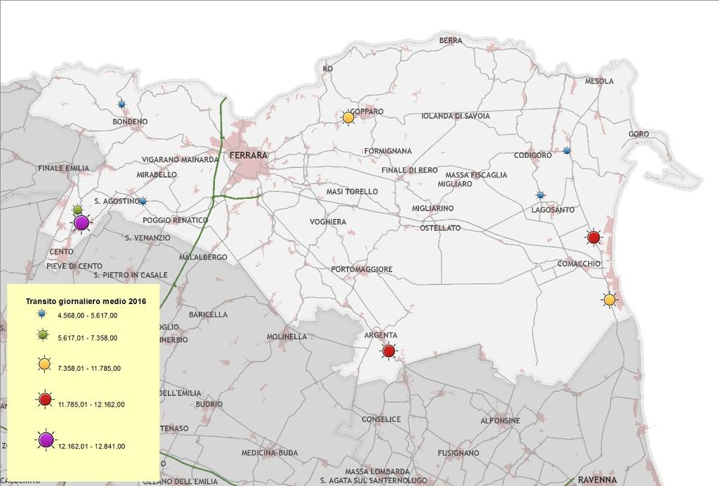 RAPPORTO ANNUALE DI MONITORAGGIO 2017 Transiti giornalieri medi 2016 - provincia di Ferrara Tabella 43 Prog.