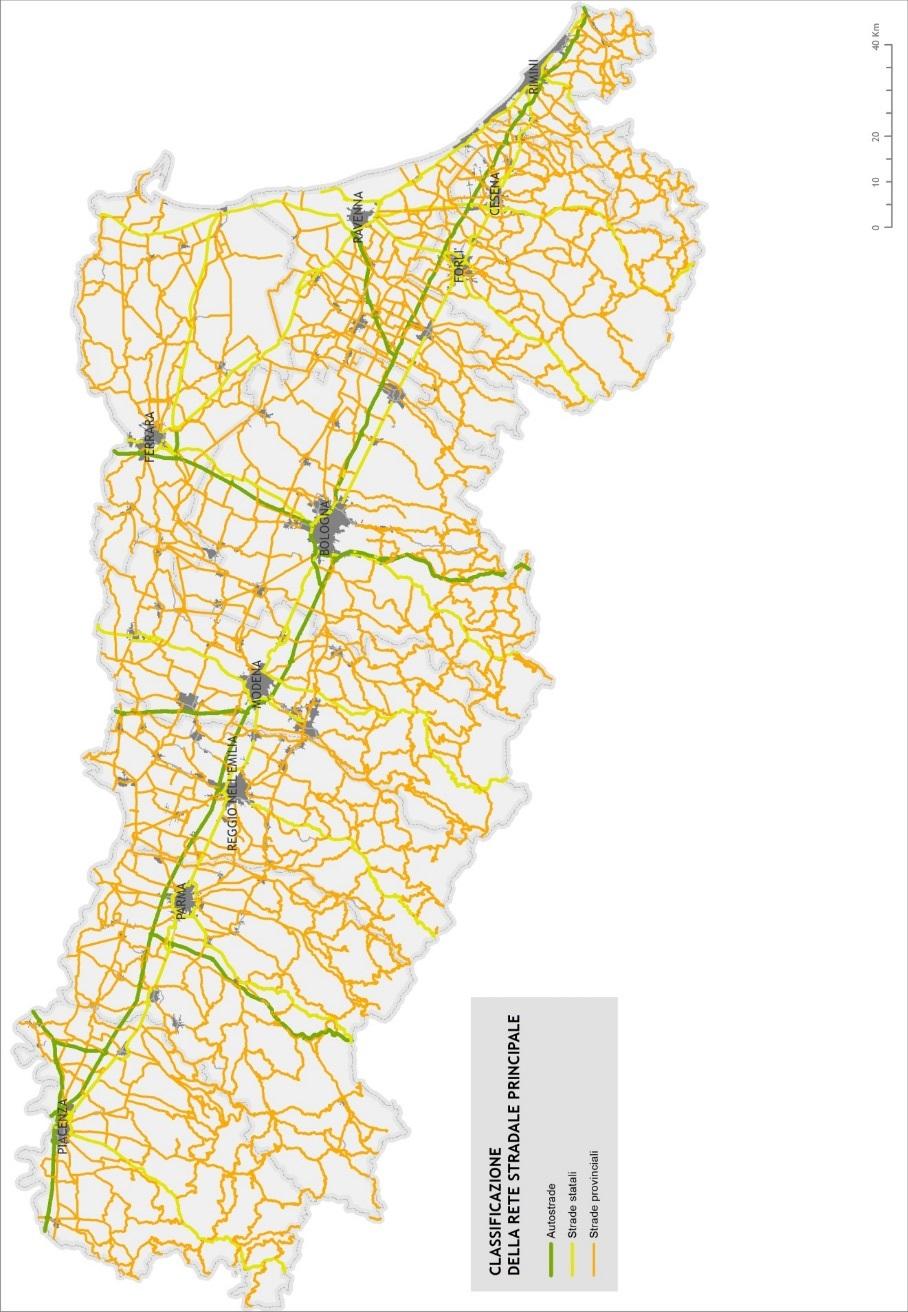 CAPITOLO 7 - IL SETTORE STRADALE Figura 171 Mappa della classificazione della rete stradale principale regione n Km Autostrada 8 569,500 città metropolitana di BOLOGNA provincia di FERRARA provincia