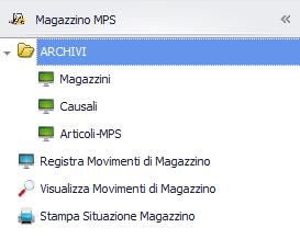 Archivi Cliccando sulla voce di menù Si accede al menù a lato: 2 Nella sezione Archivi del modulo Magazzino MPS è possibile configurare: - Magazzini