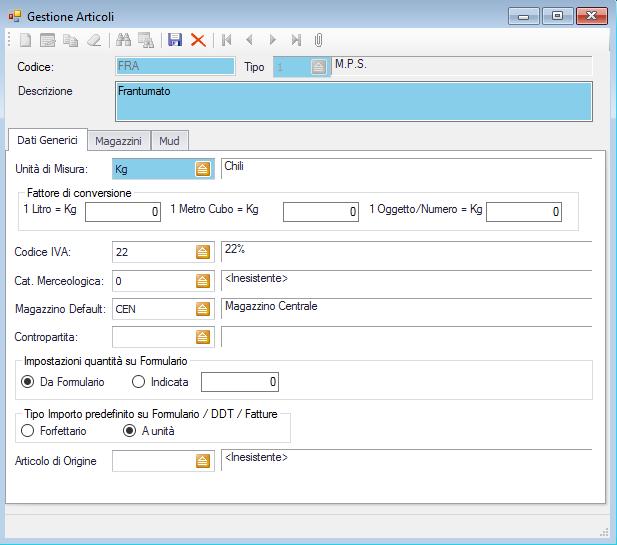 Acquisto, Carico, Carico Iniziale Magazzino MPS, Scarico, Vendita), il programma propone delle causali default; - Articoli-MPS.
