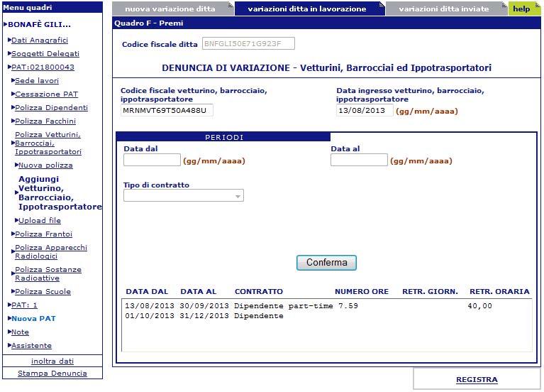 Figura 9 Tutti i dati digitati relativi alle tipologie di contratto e alle retribuzioni una volta confermati vengono visualizzati nella parte inferiore