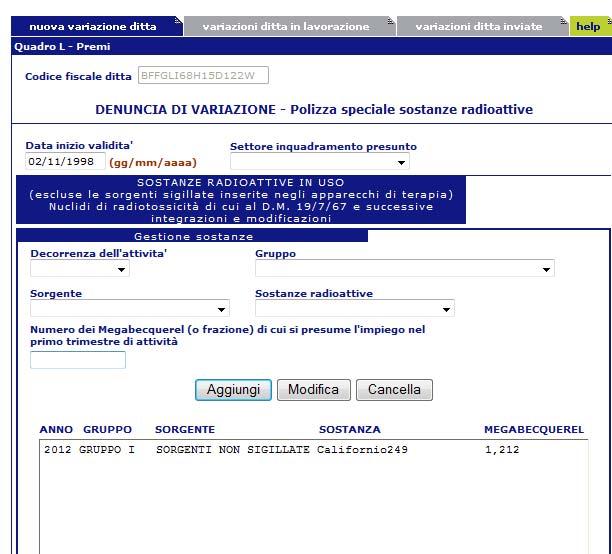 cancellarli completamente. Una volta inserite tutte le sostanze radioattive da dichiarare i dati devono essere salvati selezionando il tasto Registra.