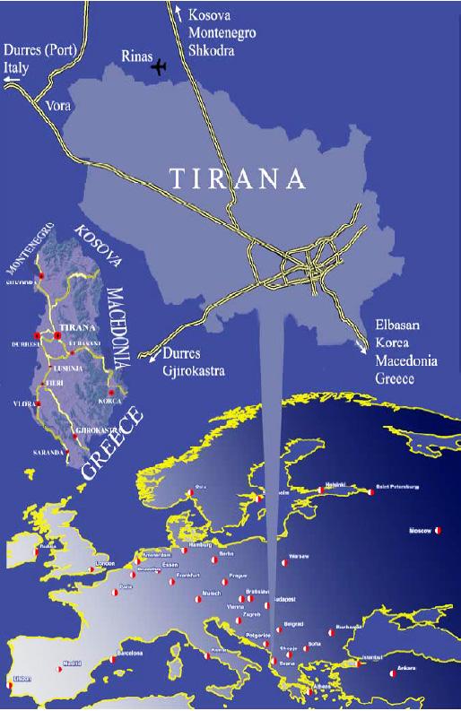 Tirana dati generali, la posizione geografica e strategica Perfetta posizione geografica 17 km dall 'aeroporto "Madre Teresa"; 41 km dal porto di Durazzo; 250 km dal confine di Kapshtica e Kakavija;