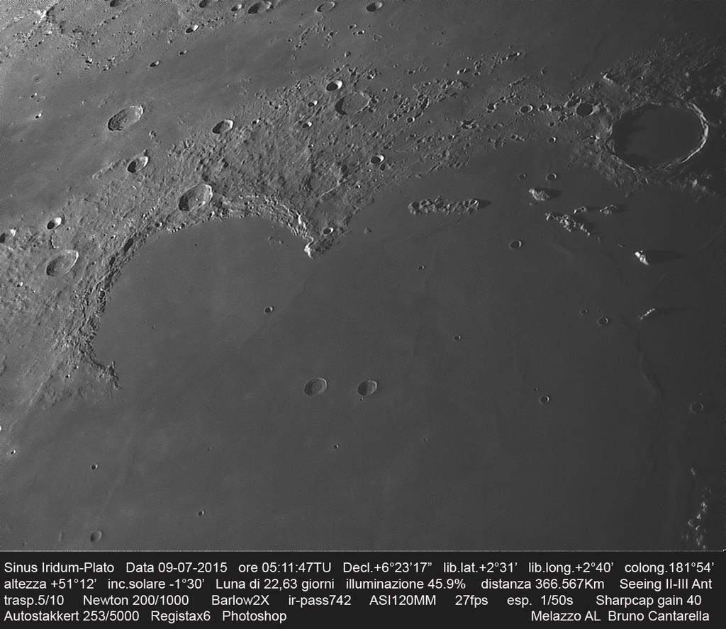 La Luna... di giorno!..il Sinus Iridum e Plato. Ripresa del 9 luglio 2015 alle 5:11 T.U.