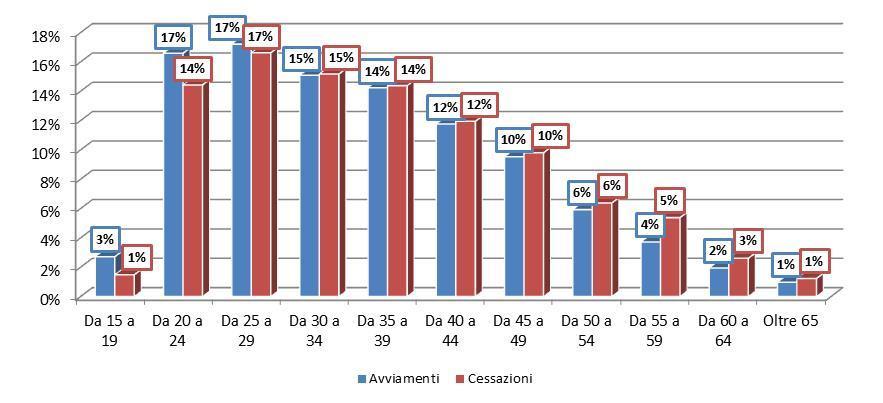 Analisi Eventi Avviamento e Cessazione Avviamenti e Cessazioni per caratteristiche demografiche Dall analisi dell evento avviamento in relazione a variabili di carattere demografico si osserva, per