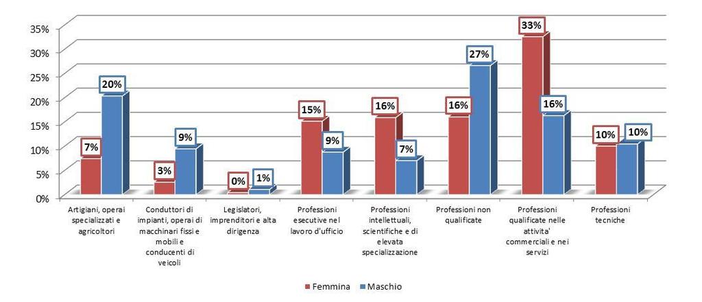 Avviamenti per professioni e genere Come è possibile osservare dalla Figura sottostante, il 16% degli avviamenti per il genere femminile (oltre 6 mila avviamenti) avviene per professioni non