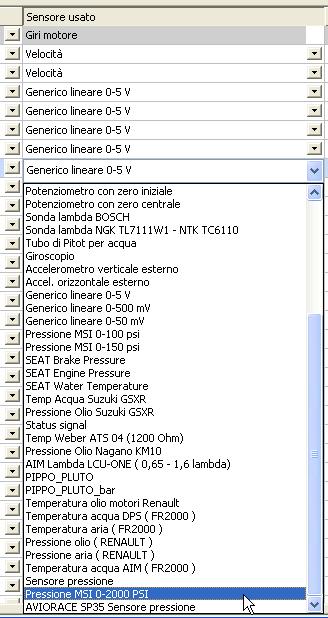 impostate questo sensore chiamato Pressione MSI 0-2000 PSI selezionandolo nella