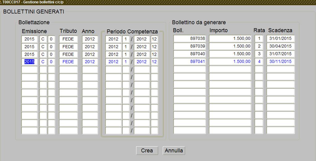 Tali bollettini verranno visualizzati nel seguente modo: Utilizzando il pulsante CREA i