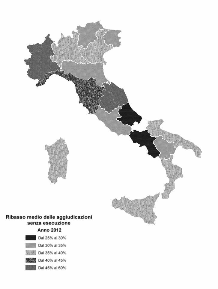 2. i bandi aggiudicati Fig. 44 ribasso medio 1 e massimo delle gare per servizi di ingegneria senza esecuzione aggiudicate nel 2012 per regione.