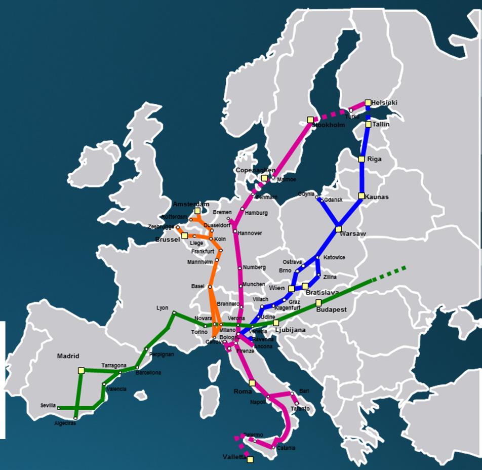 I corridoi TEN-T che interessano l Italia Obiettivi europei Entro il 2030, completamento della«core network» 30% dei trasporti merci stradale oltre i 300 km trasferito su treno o lungo vie navigabili