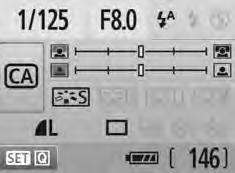 C Fotografierea in modul Creativ auto Timpul de expunere si diafragma (1) (6) Nivel de incarcare a bateriei (2) (3) (4) (5) Numar de fotografii posibile (1) Declansare blit Pot fi selectate <a>