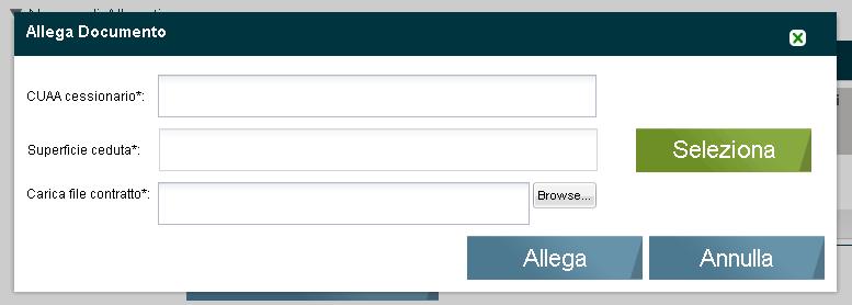 Figura 25 Allega documento Trasferimento diritti: affitto/compravendita ATTENZIONE In questo caso cliccando su, il sistema chiede