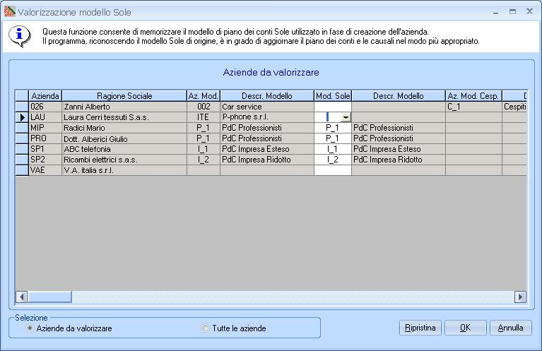 6.19.0 per le aziende che ne sono prive, in quanto sono state create utilizzando come modello una propria azienda; verranno elencate le aziende per le quali occorre eseguire la valorizzazione.