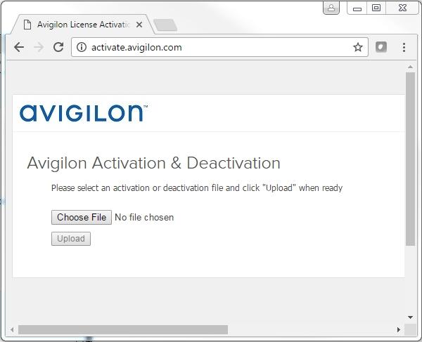 8. Aprire un browser web e accedere ad http://activate.avigilon.com. Figura 7: La pagina web Avigilon License Activation 9. Navigare fino alla posizione del file.key, quindi fare clic su Carica.