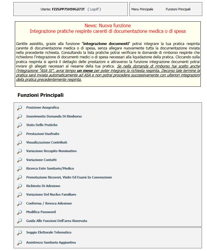 Accedere alla pagina CASPOP Per richiedere il rimborso di una pratica in ASA, scegliere l ultima voce di menù () Una volta inserito utenza e password apparirà la pagina con il menù principale, utile