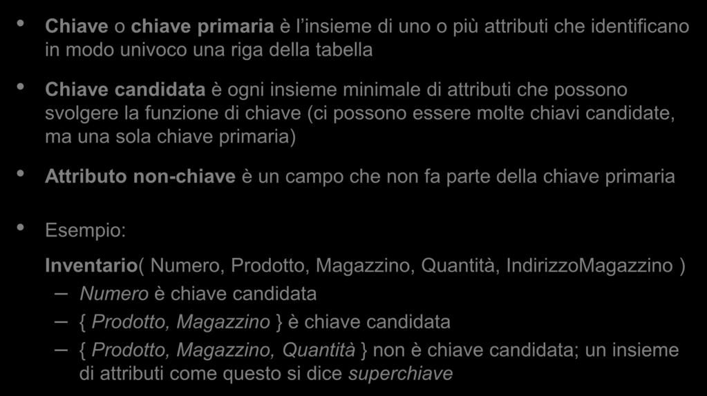 non-chiave è un campo che non fa parte della chiave primaria Esempio: Inventario( Numero, Prodotto, Magazzino, Quantità, IndirizzoMagazzino ) Numero è chiave