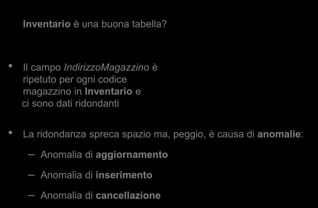 Ridondanza e anomalie (1) Inventario è una buona tabella?