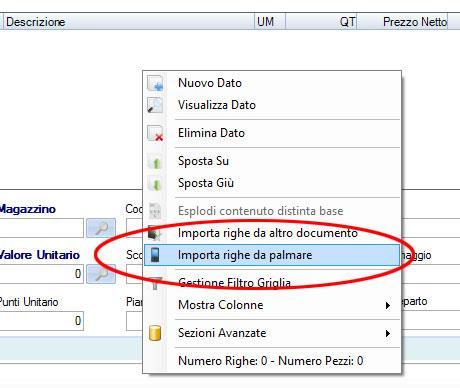 IMPORTARE LE RIGHE DA UN PALMARE La creazione del documento può essere fatta tramite il palmare FireShop.NET Mobile.