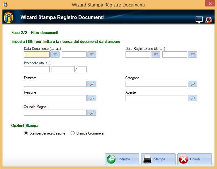La 2 fase consente di applicare delle limitazioni alla stampa del riepilogo, ad esempio tutti i documenti del soggetto Rossi Mario, tutti i documenti del mese di Gennaio, tutti i documenti del