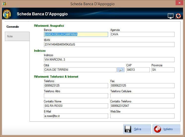 Ogni banca d appoggio è caratterizzata dalle seguenti informazioni: Riferimenti Anagrafici Nome della banca, dell agenzia e relativo IBAN.