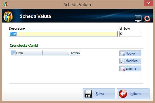 Ogni valuta è caratterizzata dalle seguenti informazioni: Descrizione Simbolo Cronologia Cambi Nome della valuta.