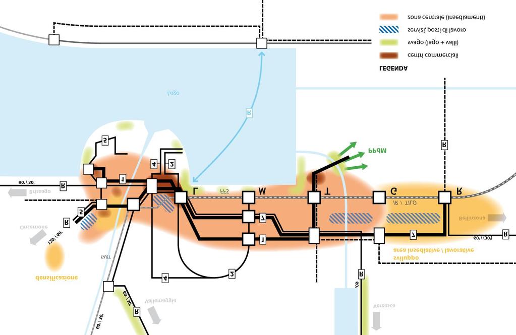 figura 69: schema collegamenti TP del polo dell agglomerato Fonte:Metron Il sistema dei trasporti pubblici è caratterizzato da importanti nodi intermodali che permettono un cambio rapido tra bus e
