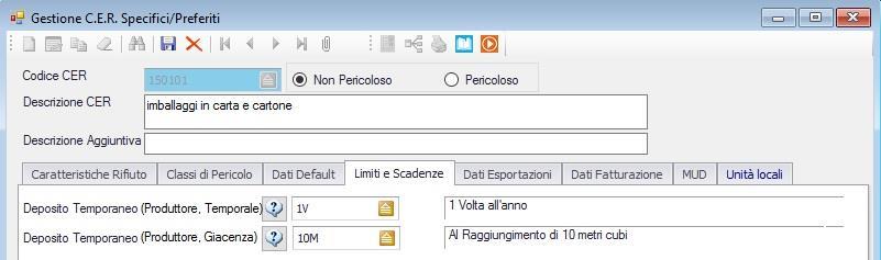 Impostazione del limite sul CER specifico Impostare i limiti DT Produttore - Versione 17.06 Voci di menù: Archivi > CER SPECIFICI/PREFERITI > CER Specifici/Preferiti.