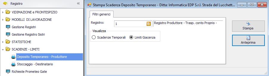 Stampa riepilogativa e avvisi di superamento del limite Prometeo gestisce una stampa riepilogativa dello stato del proprio deposito temporaneo (rispetto ai limiti configurati).