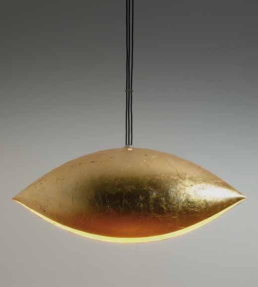 MALAGOLA Lampada a sospensione ferro e alluminio. base e cavo nero. Diffusore rivestito interamente in foglia color oro, argento oppure verniciato bianco.