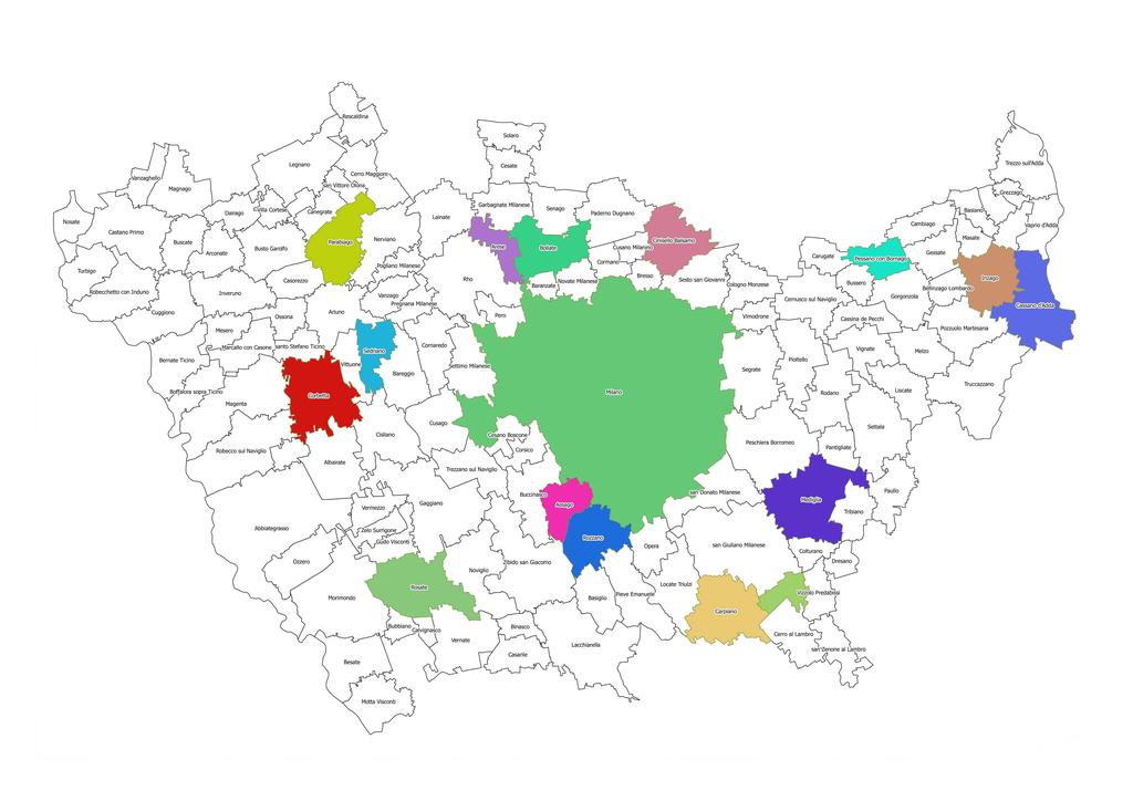 Comuni di provenienza dei consiglieri metropolitani in carica. (cartogrofia realizzata dal dr.