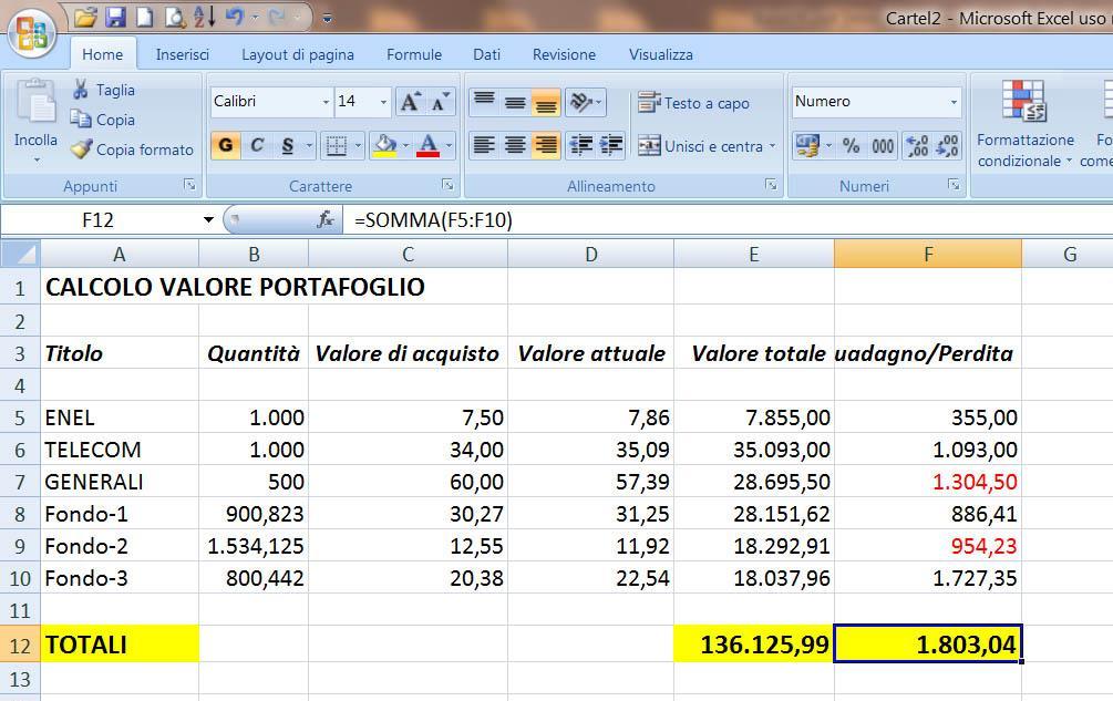 Excel 3 esercizio Piccolo esempio di calcolo del valore di un patrimonio investito in parte in Fondi di Investimento e in parte in azioni.